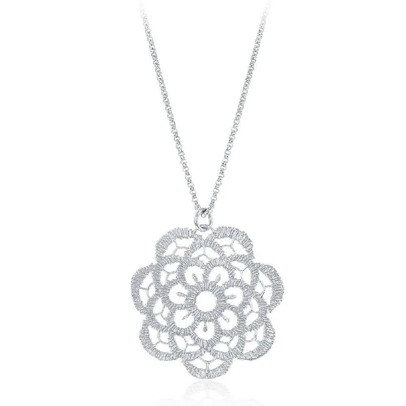 Sterling Silver Diamond Cut Flat Flower Necklace