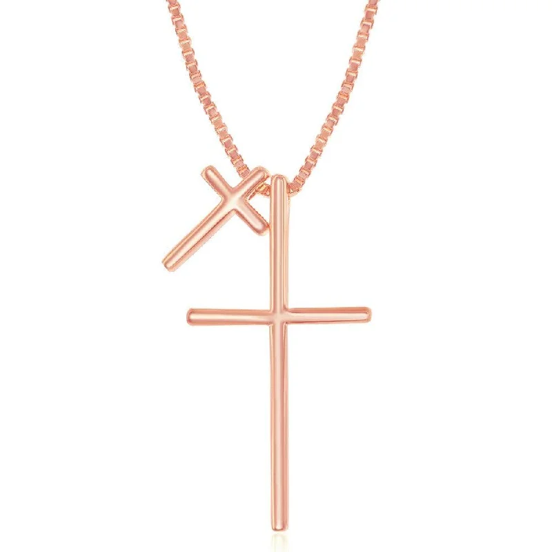 Sterling Silver Rose Gold Plated Double Cross Necklace