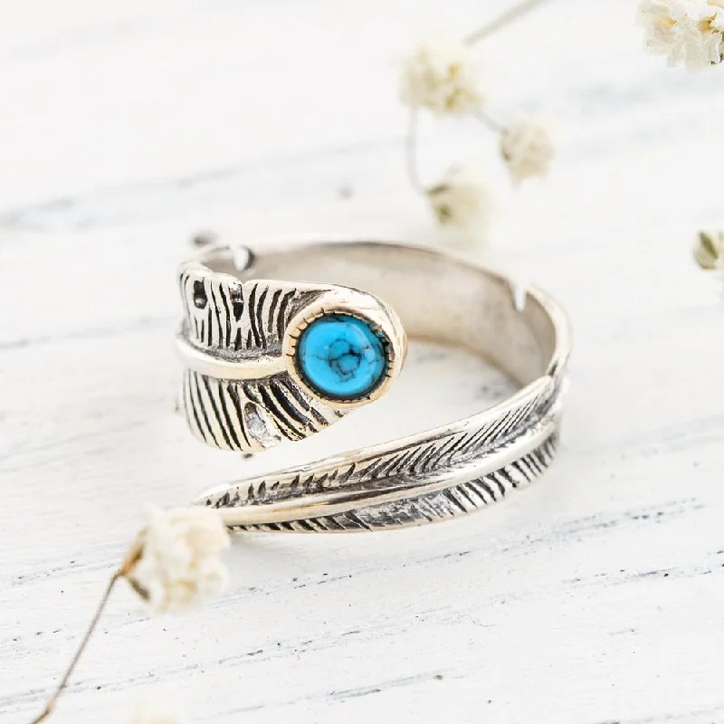 Gemstone Engagement Rings-Turquoise Crystal Feather Ring