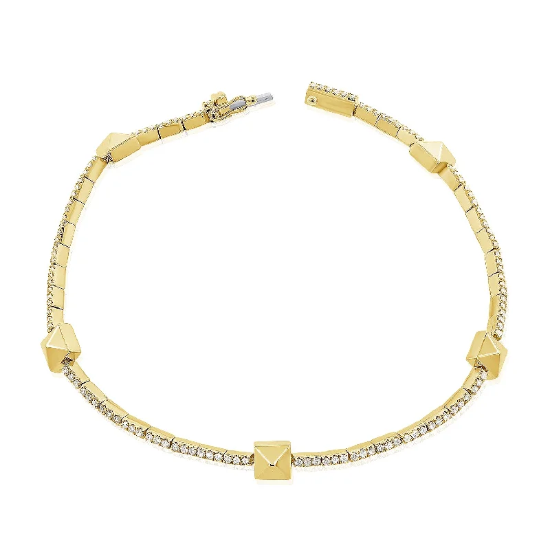 Stylish Gold Wedding Bracelets-Modern 14K Gold Pyramid-Stud Diamond Tennis Bracelet