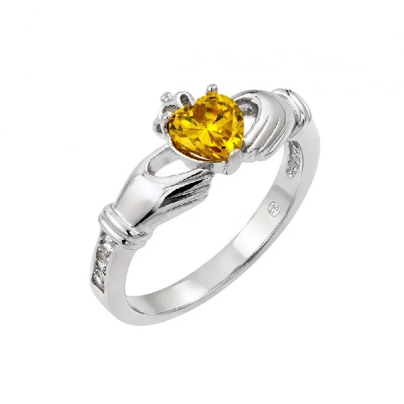 Elegant Silver Wedding Bands-Silver 925 Rhodium Plated Yellow Heart CZ Claddagh Ring - BGR00491YEL