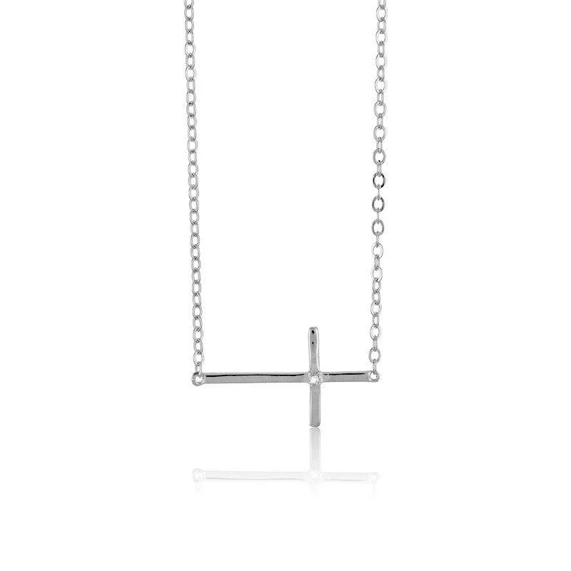 Sterling Silver Sideways Cross Single CZ Necklace