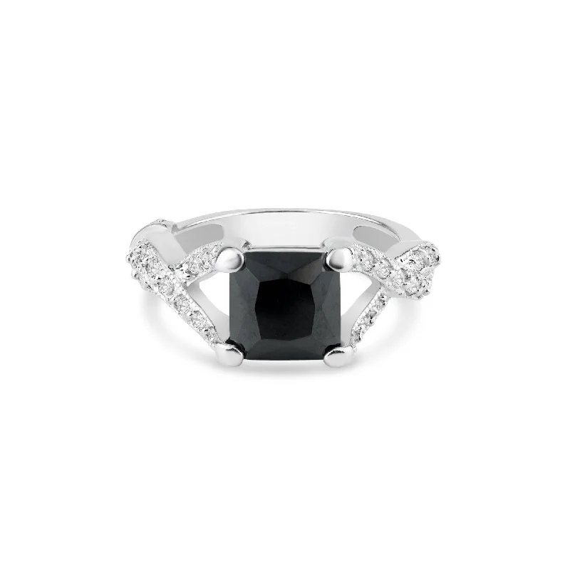 Bridal Rings-Silver 925 Rhodium Plated Black Square Center and Clear CZ Ring - BGR00032