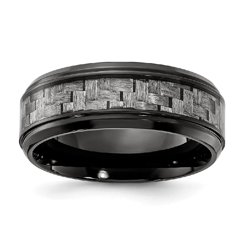 High-Quality Wedding Bands-Men's 8mm Black Plated Titanium Grey Carbon Fiber Standard Fit Band