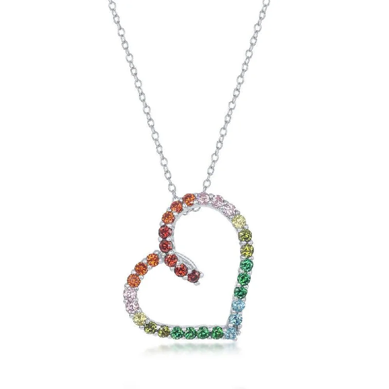 Sterling Silver Open Heart Rainbow Cubic Zirconia Necklace