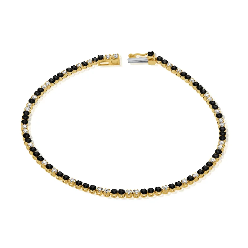 Personalized Beaded Bracelets-Sleek 14K Gold Black Diamond and Diamond Tennis Bracelet