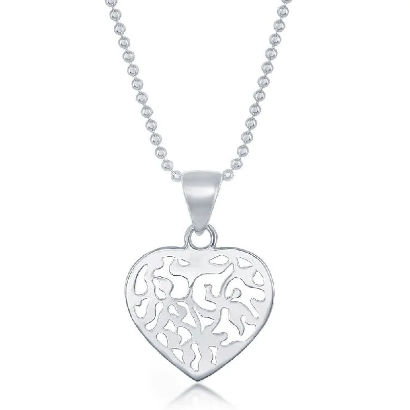 Sterling Silver 17 Inch Diamond Cut Bead Chain With Flat Heart Necklace