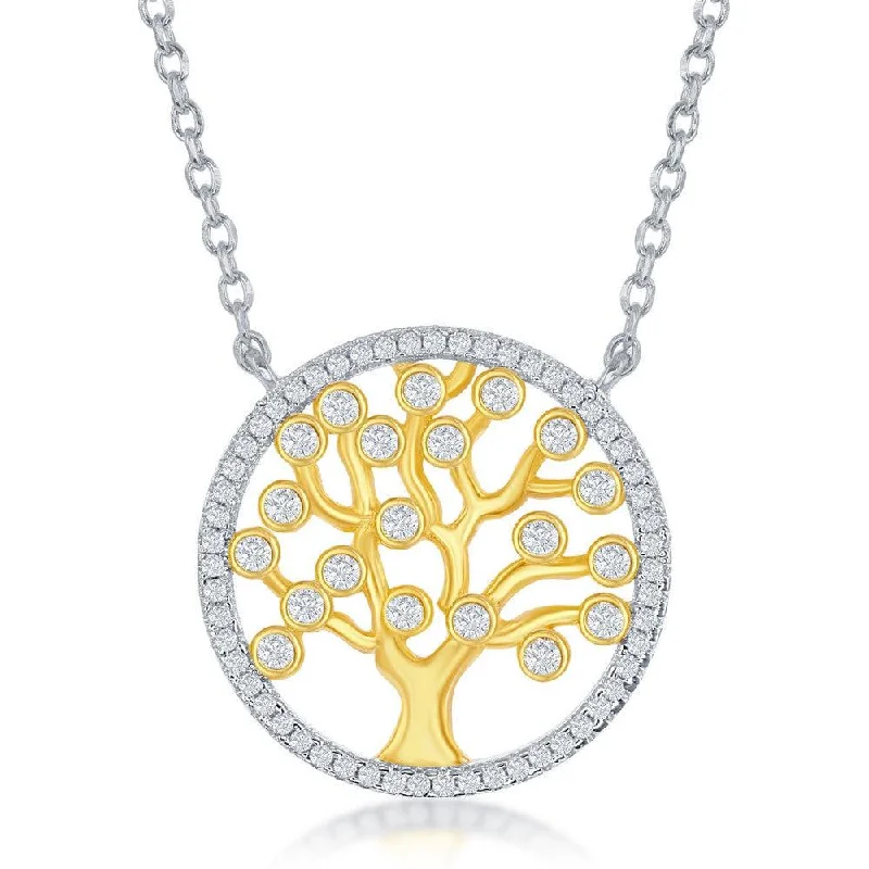 Sterling Silver Round CZ Tree Necklace - Gold Plated