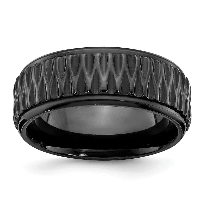 Beautiful Diamond Rings-8mm Black Zirconium Grooved & Ridged Edge Standard Fit Band