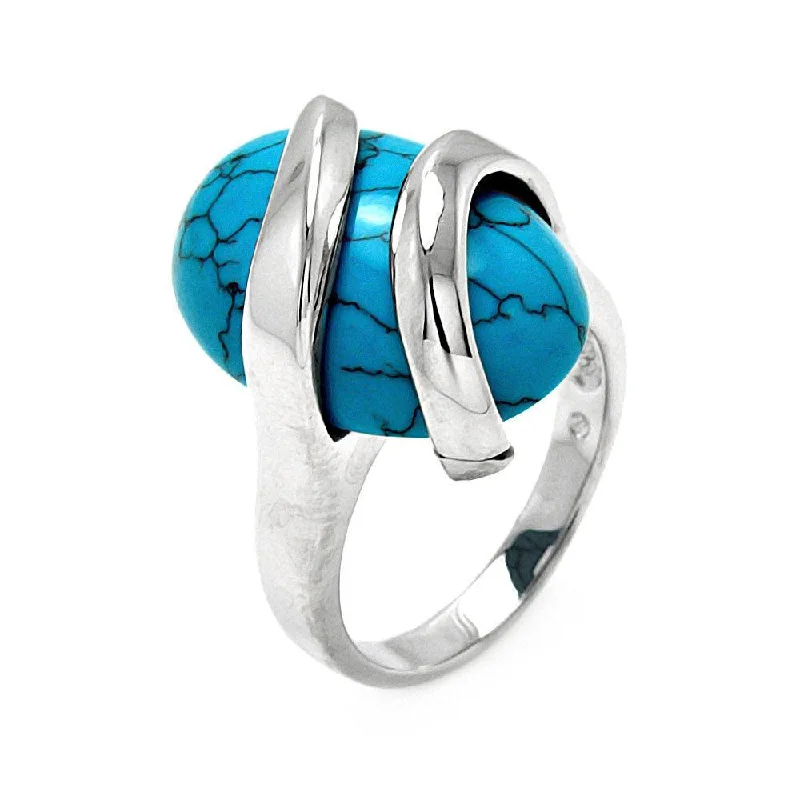 Personalized Diamond Rings-Silver 925 Rhodium Plated Sideways Oval Turquoise Ring - BGR00547