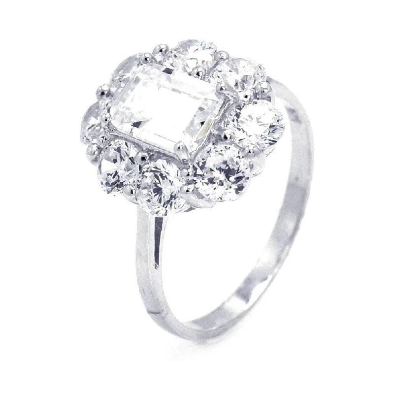 Personalized Silver Rings-Silver 925 Rhodium Plated Rectangular Center CZ Flower Ring - STR00647