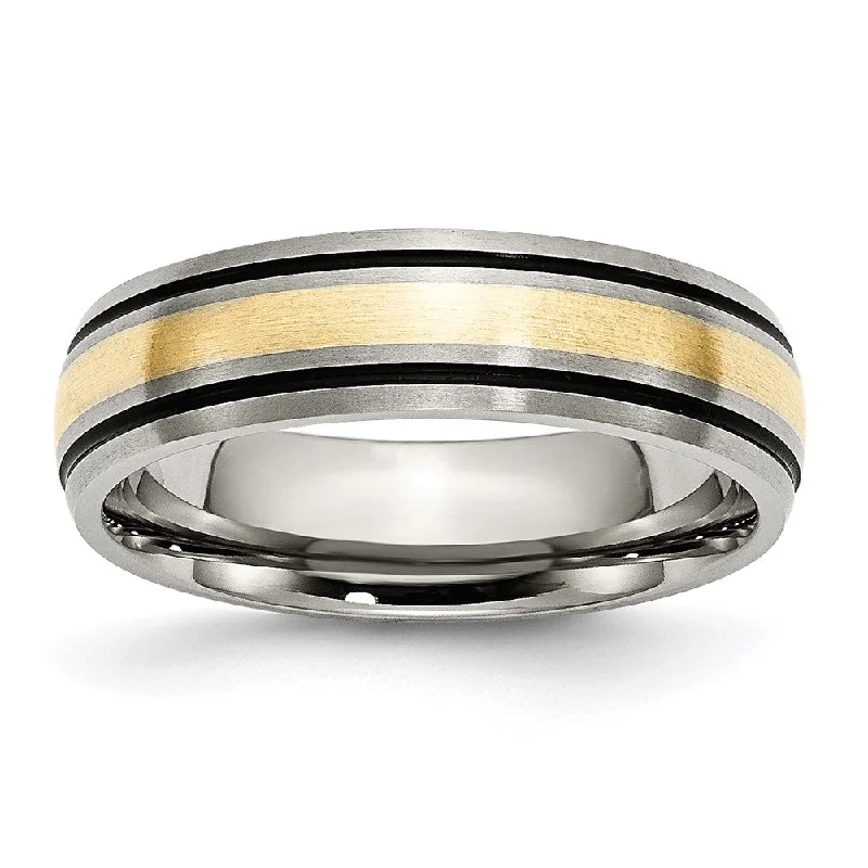 Luxury Wedding Rings for Women-6mm Titanium & 14K Gold Inlay Antiqued/Brushed Grooved Band