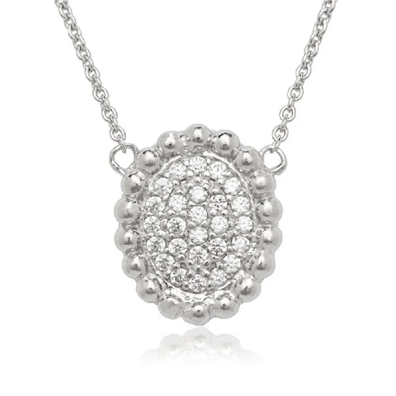 Sterling Silver Small CZ Oval with Beaded Border Necklace