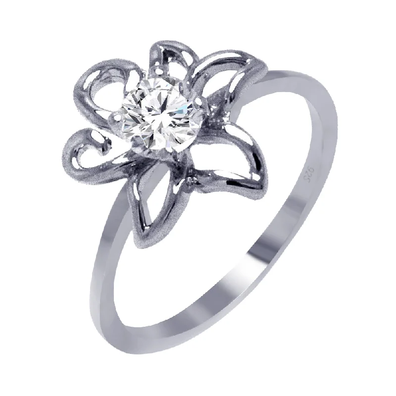 Trendy Rings for Men-Silver 925 Rhodium Plated Clear Round Center CZ Flower Outline Ring - BGR00395