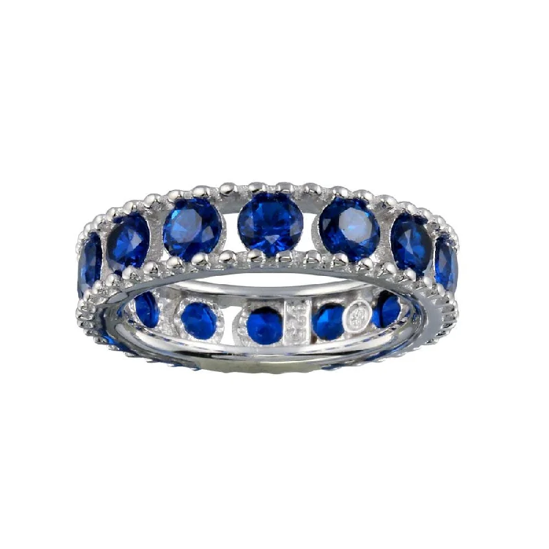 Vintage Style Rings-Rhodium Plated 925 Sterling Silver Round Blue CZ Band - BGR01293BLU